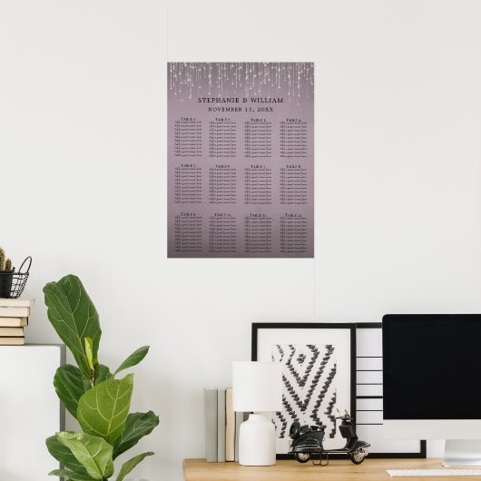 Elegant String Lights Mauve Roos Seating Chart Poster (Thuiskantoor)