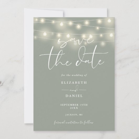 Elegant String Lights Sage Green QR Code Wedding Save The Date (Voorkant)