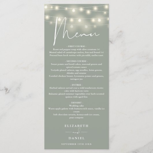 Elegant String Lights Sage Green Wedding Dinner Menu (Voorkant)