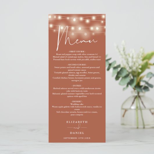Elegant String Lights Terracotta Wedding Dinner Menu (Staand voorkant)