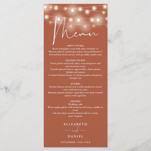 Elegant String Lights Terracotta Wedding Dinner Menu (Voorkant)