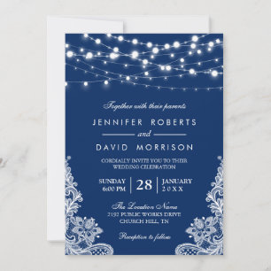 Elegant String Lights White Lace Navy Blue Wedding Kaart