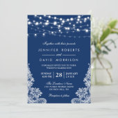 Elegant String Lights White Lace Navy Blue Wedding Kaart (Staand voorkant)