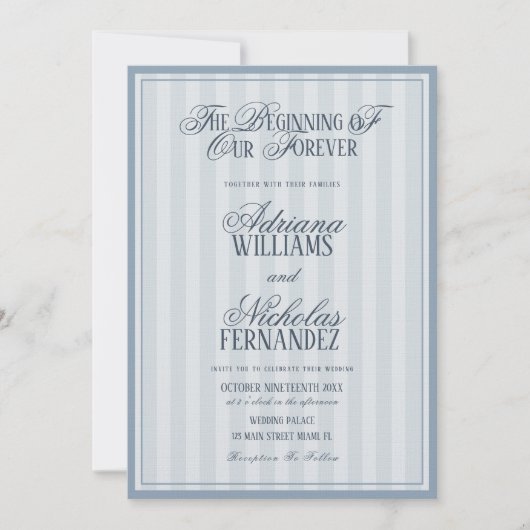 Elegant Striped Blue Wedding Invitation (Devant)