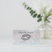 Elegant striped, Glitter Lips Silver Confetti Visitekaartje (Staand voorkant)