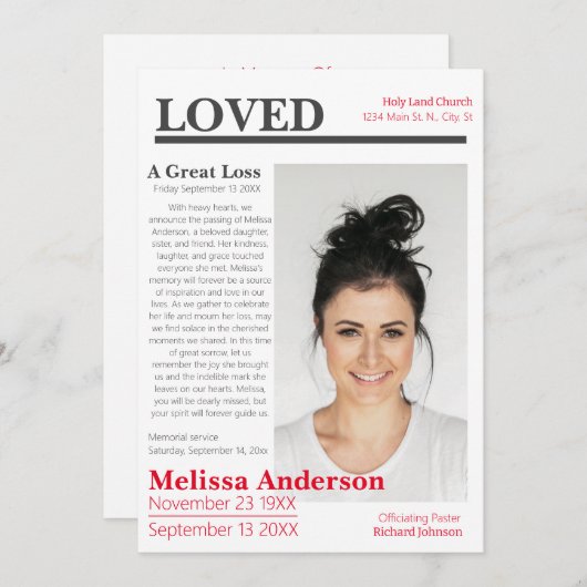 Élégant style journal Funeral Invitation (Devant / Derrière)