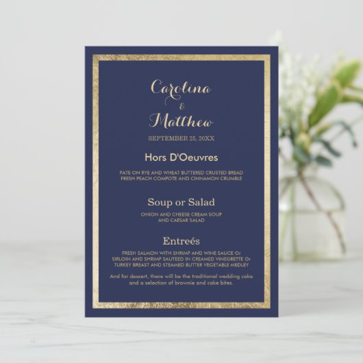 Elégant style marine bleu faux or Mariage Menu (Debout devant)