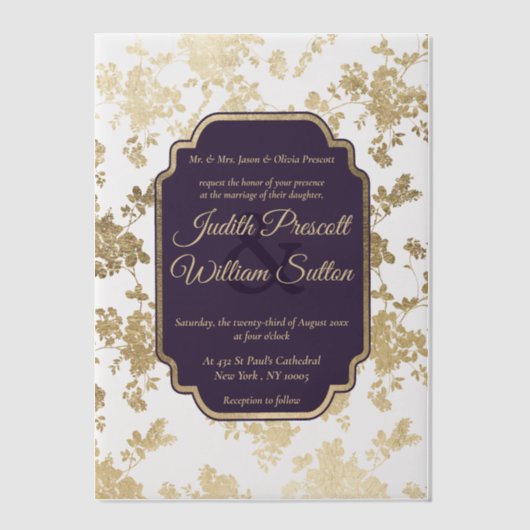 Elegant Style Tolopea Purple Gold Floral Wedding Vellum Uitnodigingen (Voorkant)