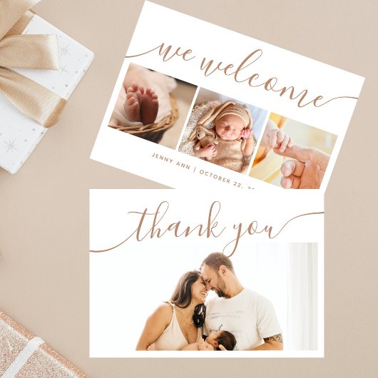 Elegant Stylish Calligraphy 4 Photo Baby Shower Bedankkaart