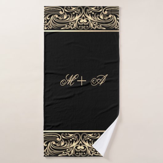 Elegant Stylish Chic Black Gold Swirls Monogram Bad Handdoek (Badhanddoek)