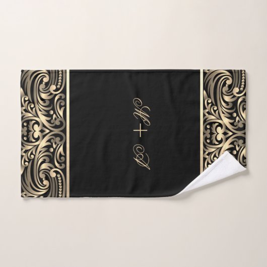 Elegant Stylish Chic Black Gold Swirls Monogram Bad Handdoek (Handdoek)