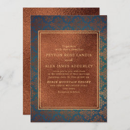 Elegant Stylish Copper Blauwgroen Damask Wedding I Kaart