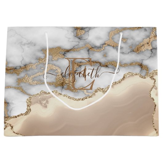 Elegant Stylish Gold Glitter Cream Marble Monogram Groot Cadeauzakje (Voorkant)