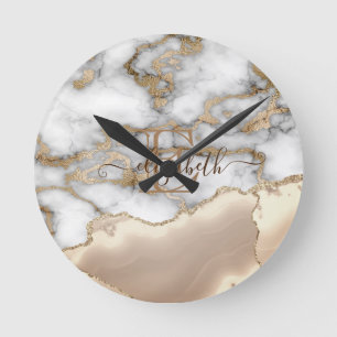 Elegant Stylish Gold Glitter Cream Marble Monogram Ronde Klok