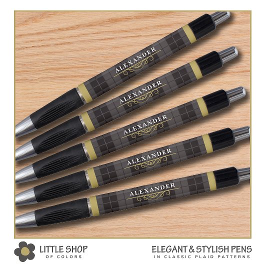 Élégant Stylo Monogramme Tartan Or Noir