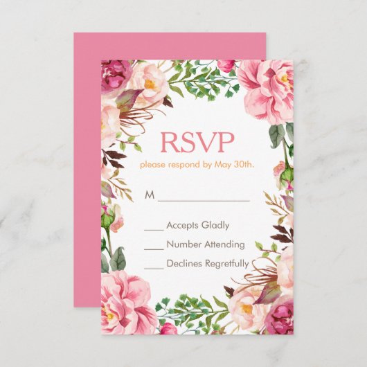Elegant subtle Chic Pink Floral RSVP Respond Kaart (Voorkant / Achterkant)