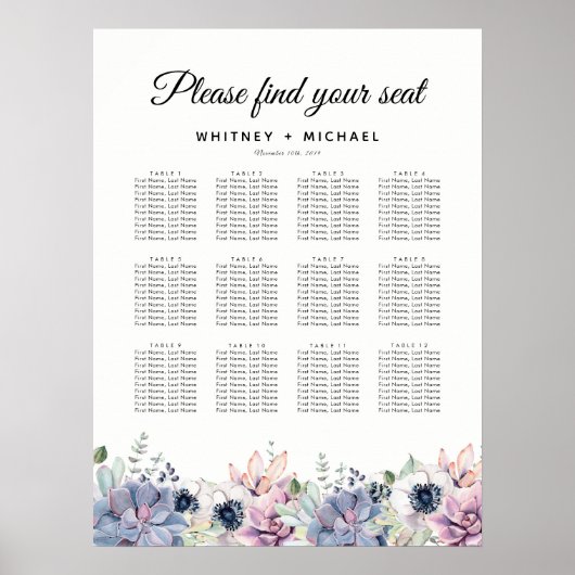 Elegant Succulent Floral Wedding Seating Chart Poster (Voorkant)