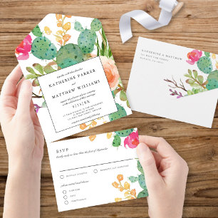Elegant Succulent Waterverf Floral Wedding All In One Uitnodiging