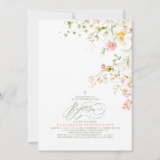 Elegant Summer Meadow Wildflower Baptisme Kaart (Voorkant)