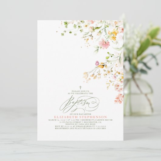 Elegant Summer Meadow Wildflower Baptisme Kaart (Staand voorkant)