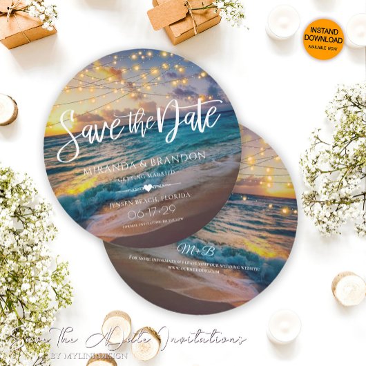Elegant Summer Sunset Beach String Lights Wedding Save The Date