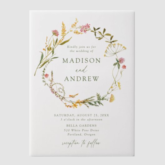 Elegant Summer Wildflower Wreath Wedding Vellum Uitnodigingen (Voorkant)