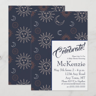 Elegant Sun en Moon op Blue Celestial Baby shower Kaart