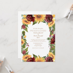 Elegant Sunflower & Burgundy Floral Wedding Kaart
