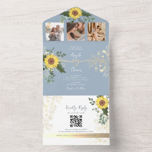 Elegant Sunflower Dusty Blue Wedding All In One Uitnodiging (Binnen)