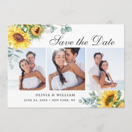 Elegant Sunflower Eucalyptus 3 PHOTO Weddenschap Save The Date (Voorkant)