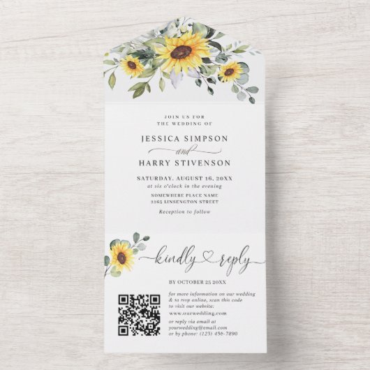 Elegant Sunflower Eucalyptus Greenery Wedding All In One Uitnodiging (Binnen)