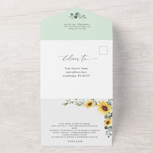Elegant Sunflower Eucalyptus Greenery Wedding QR All In One Uitnodiging (Buitenkant)