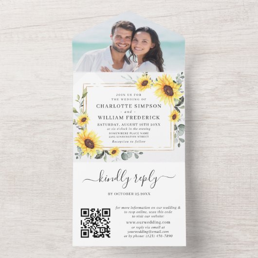 Elegant Sunflower Eucalyptus Greenery Wedding QR All In One Uitnodiging (Binnen)