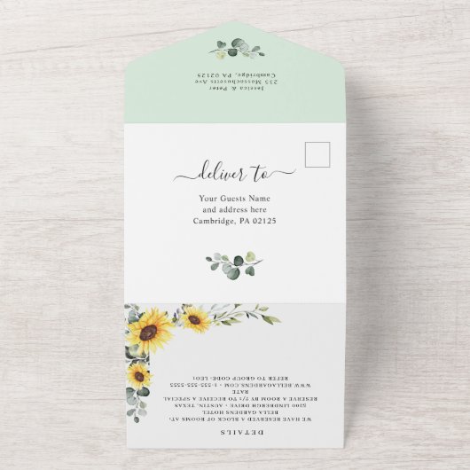 Elegant Sunflower Eucalyptus Greenery Wedding QR All In One Uitnodiging (Buitenkant)