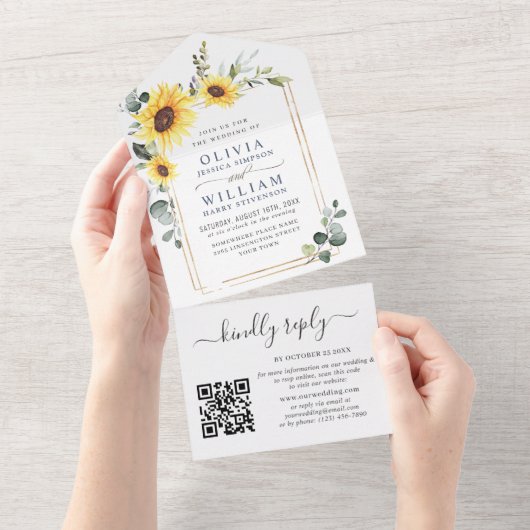 Elegant Sunflower Eucalyptus Greenery Wedding QR All In One Uitnodiging (Afscheurbaar)