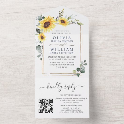 Elegant Sunflower Eucalyptus Greenery Wedding QR All In One Uitnodiging (Binnen)