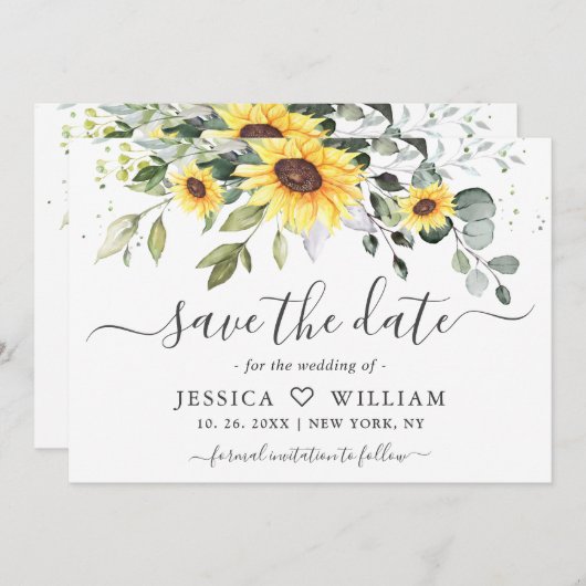 Elegant Sunflower Eucalyptus Greenery Wedding Sav Save The Date (Voorkant / Achterkant)