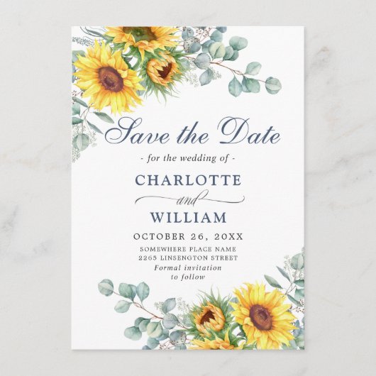Elegant Sunflower Eucalyptus Greenery Wedding Save The Date (Voorkant)