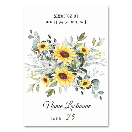 Elegant Sunflower Eucalyptus Wedding Escort Card Kaart (Voorkant)