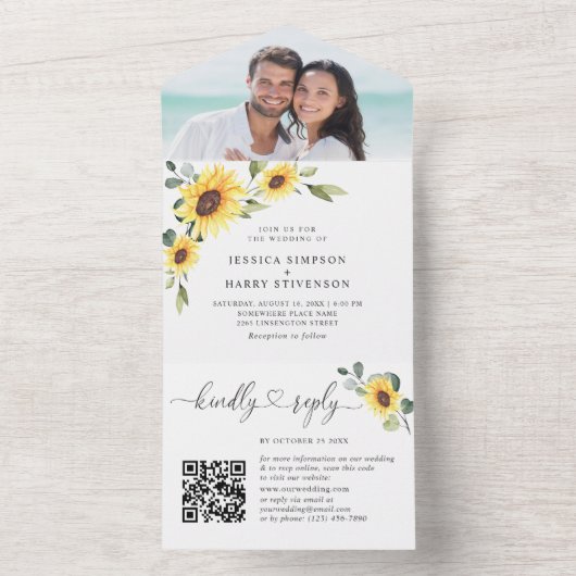 Elegant Sunflower Eucalyptus Wedding QR code All In One Uitnodiging (Binnen)