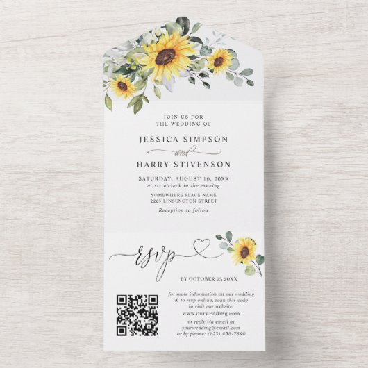 Elegant Sunflower Eucalyptus Wedding QR code All In One Uitnodiging (Binnen)