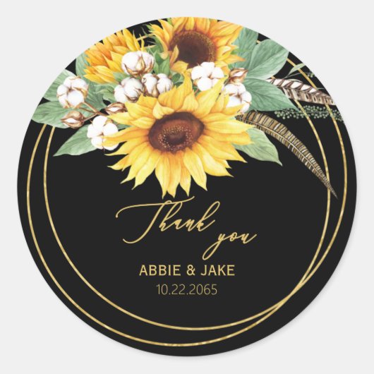 Elegant Sunflower Feather Wedding Black Ronde Sticker (Voorkant)