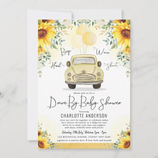 Elegant Sunflower Greenery drive by Baby shower Kaart (Voorkant)