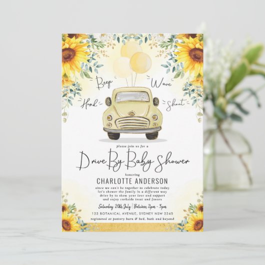 Elegant Sunflower Greenery drive by Baby shower Kaart (Staand voorkant)