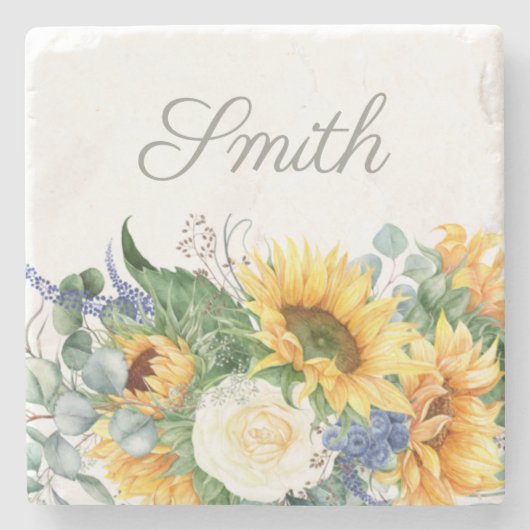 Elegant Sunflower Greenery Script Name Stenen Onderzetter (Voorkant)