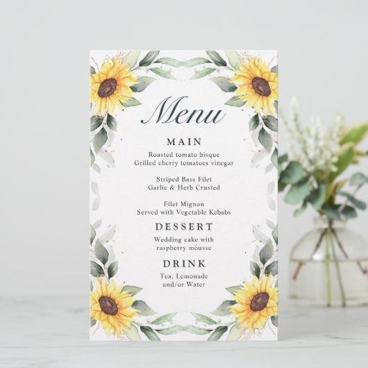 Elegant Sunflower Greenery Wedding Dinner Menu (Staand voorkant)