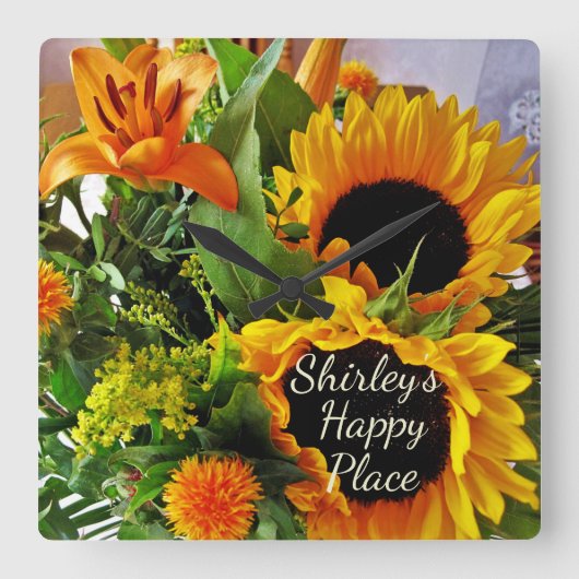 Elegant Sunflower Lily Happy Place Herfst Bouquet Vierkante Klok (Voorkant)