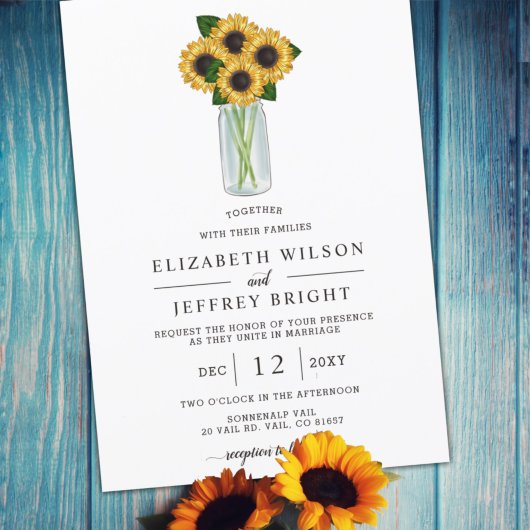 Elegant Sunflower Mason Jar Wedding Kaart
