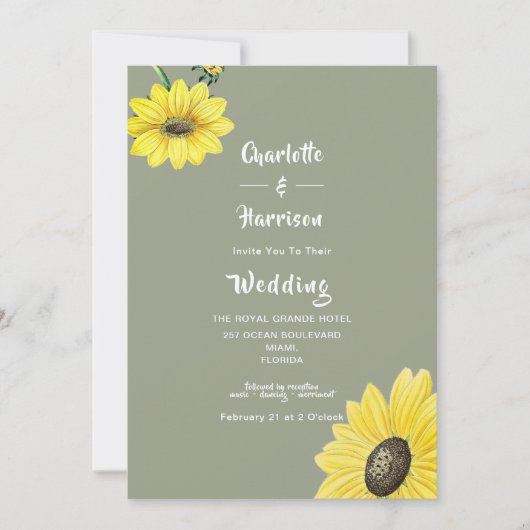 Elegant Sunflower Sage Green Wedding Invitation Kaart (Voorkant)