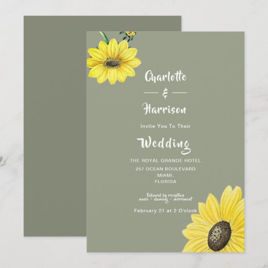 Elegant Sunflower Sage Green Wedding Invitation Kaart (Voorkant / Achterkant)